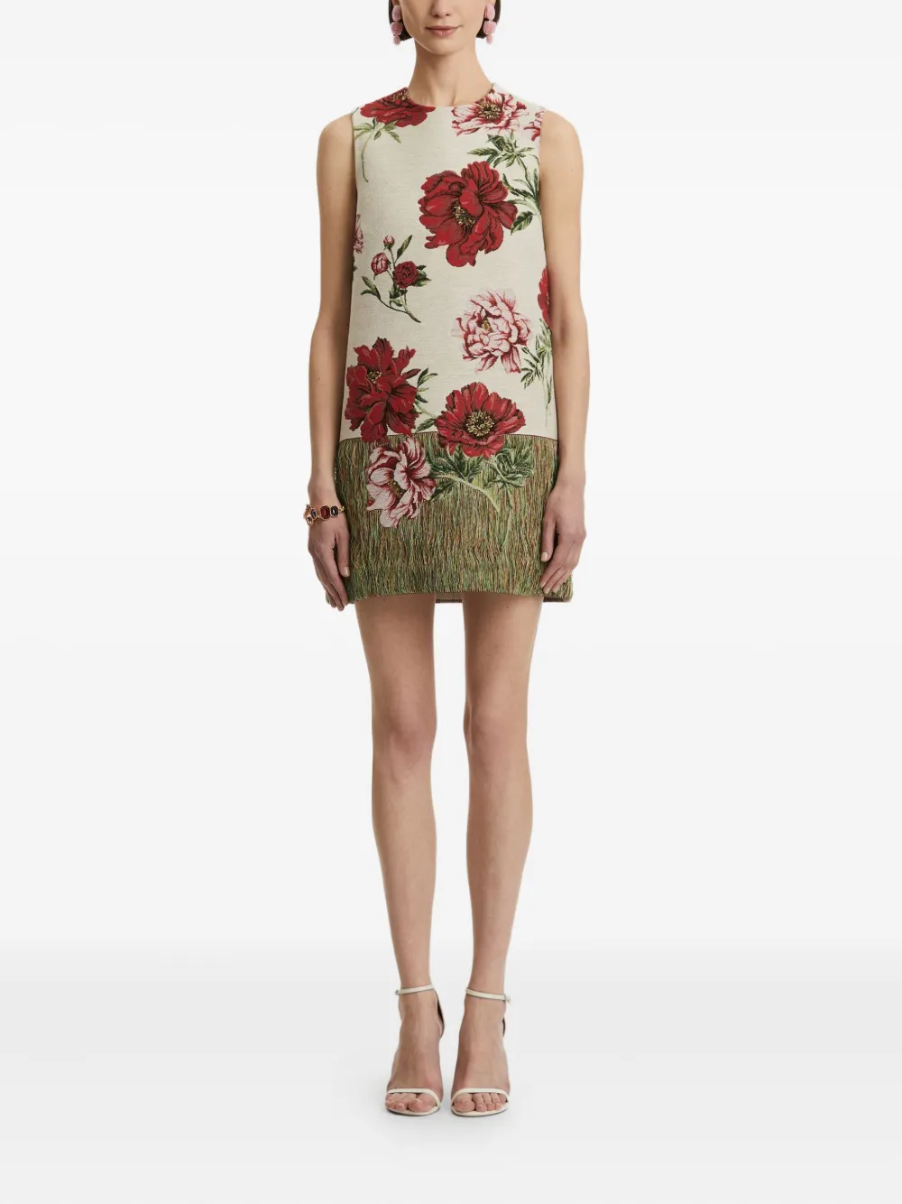 Oscar de la Renta peony floral shift mini dress Beige