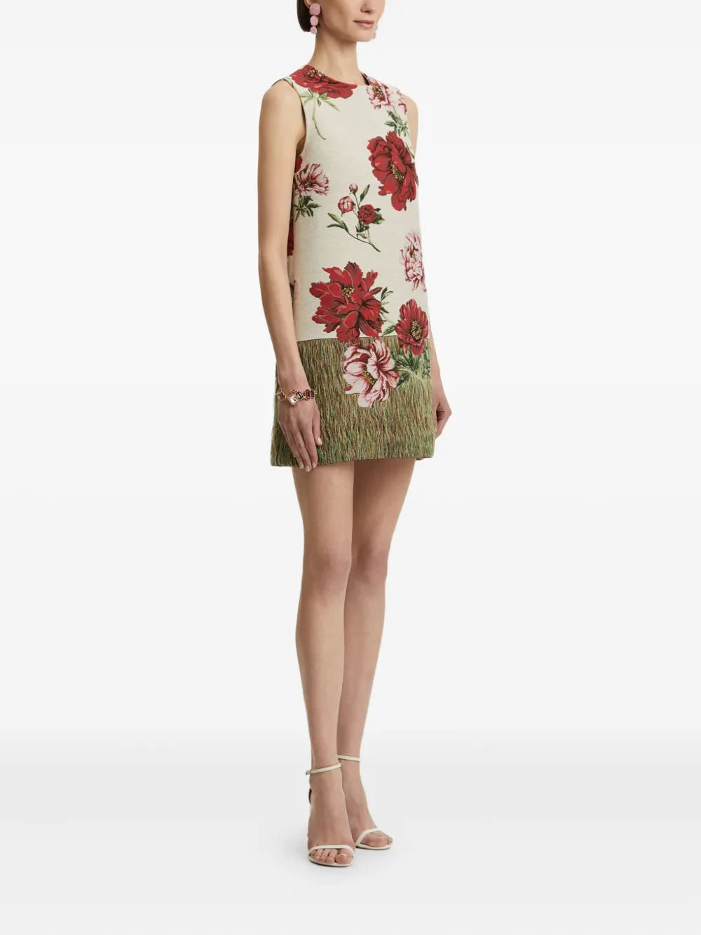 Oscar de la Renta peony floral shift mini dress Beige