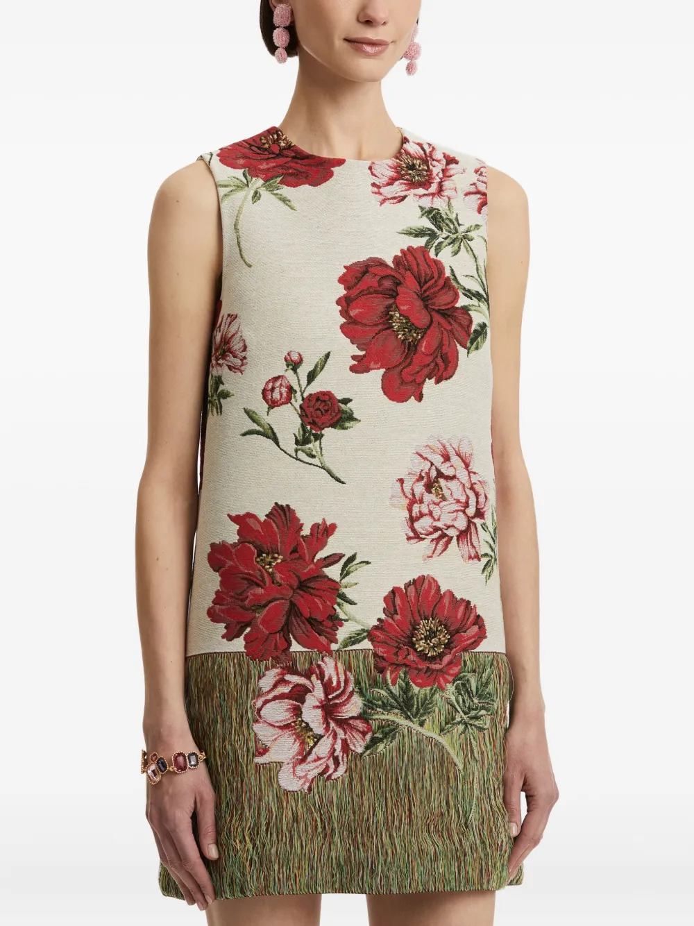 Oscar de la Renta peony floral shift mini dress Beige