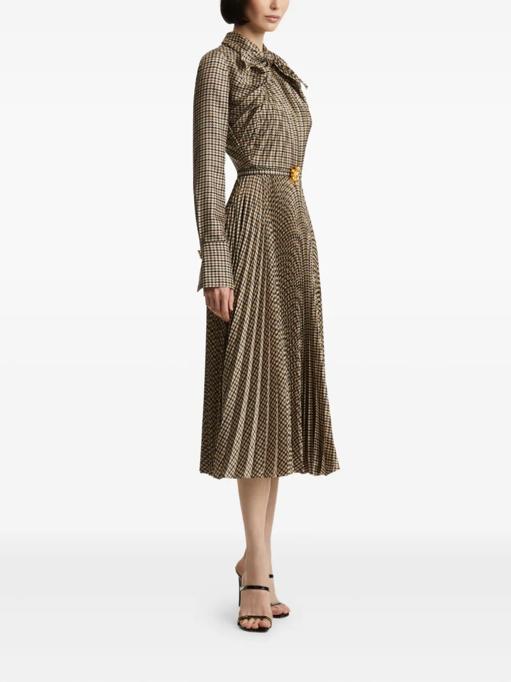 Oscar De La Renta Houndstooth Pleated Midi Dress In Brown