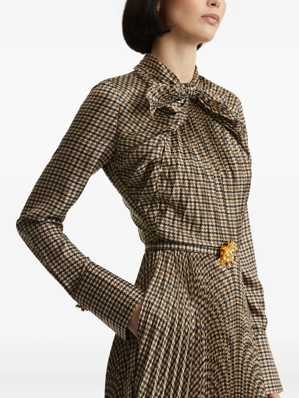 Oscar De La Renta Houndstooth Pleated Midi Dress In Brown