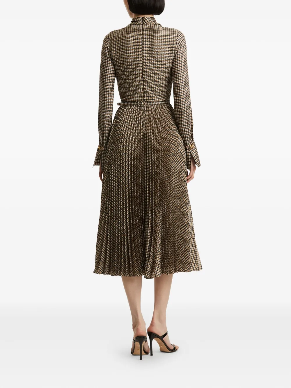 Oscar De La Renta Houndstooth Pleated Midi Dress In Brown