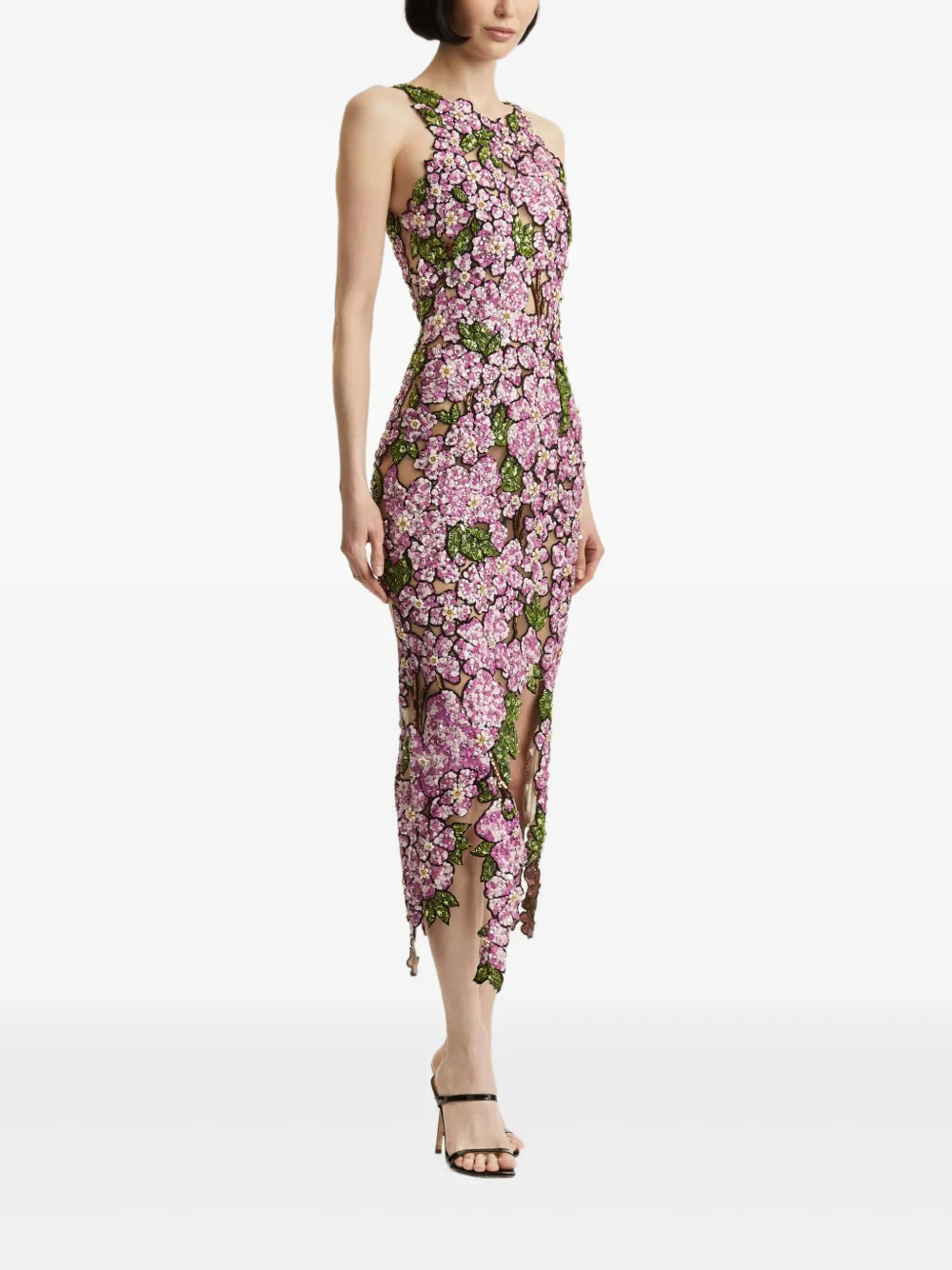 Oscar de la Renta Mosaic midi-jurk met pailletten en geborduurde bloemen Roze