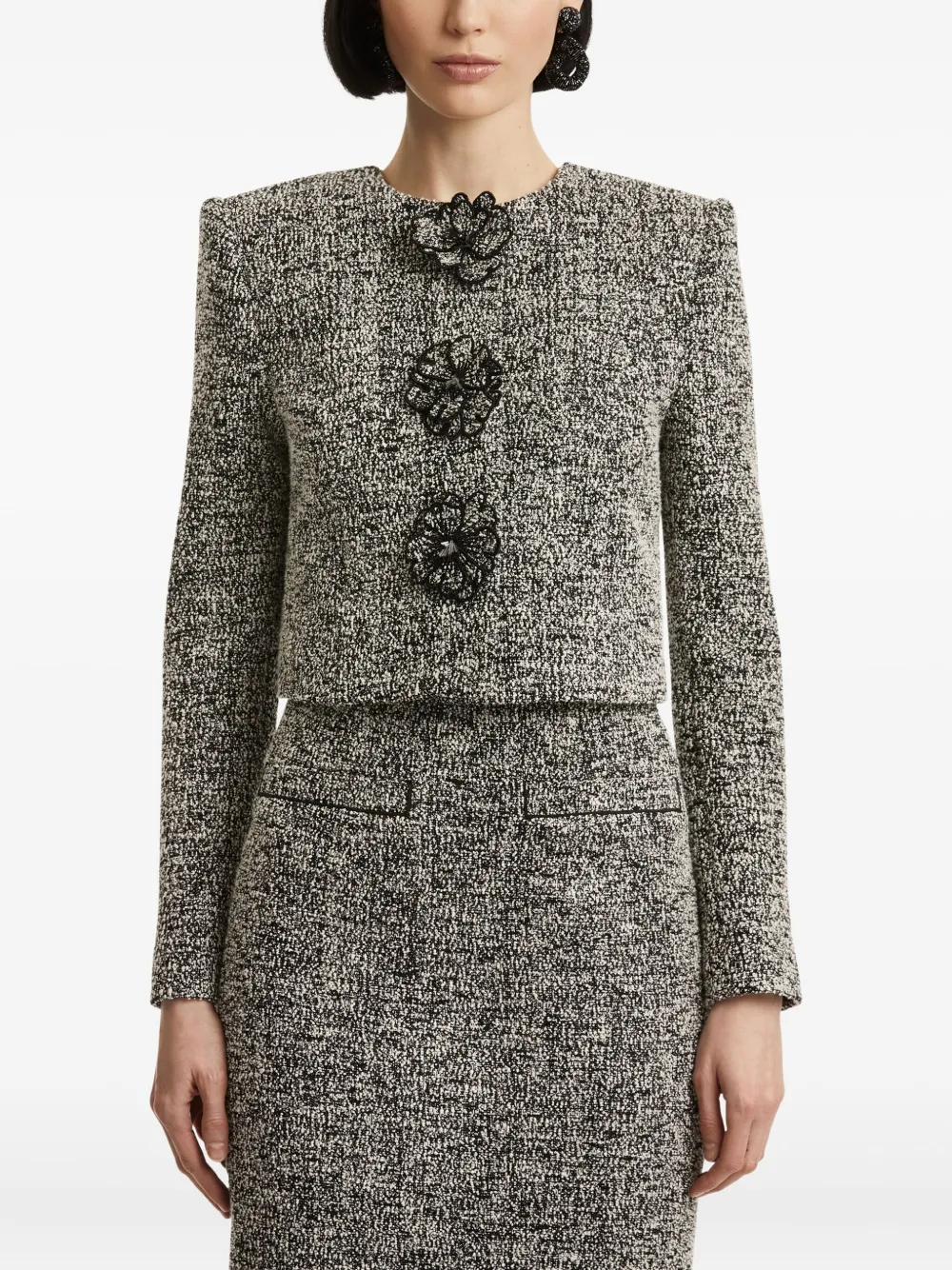 Oscar de la Renta Tweed jack verfraaid met bloemen Zwart