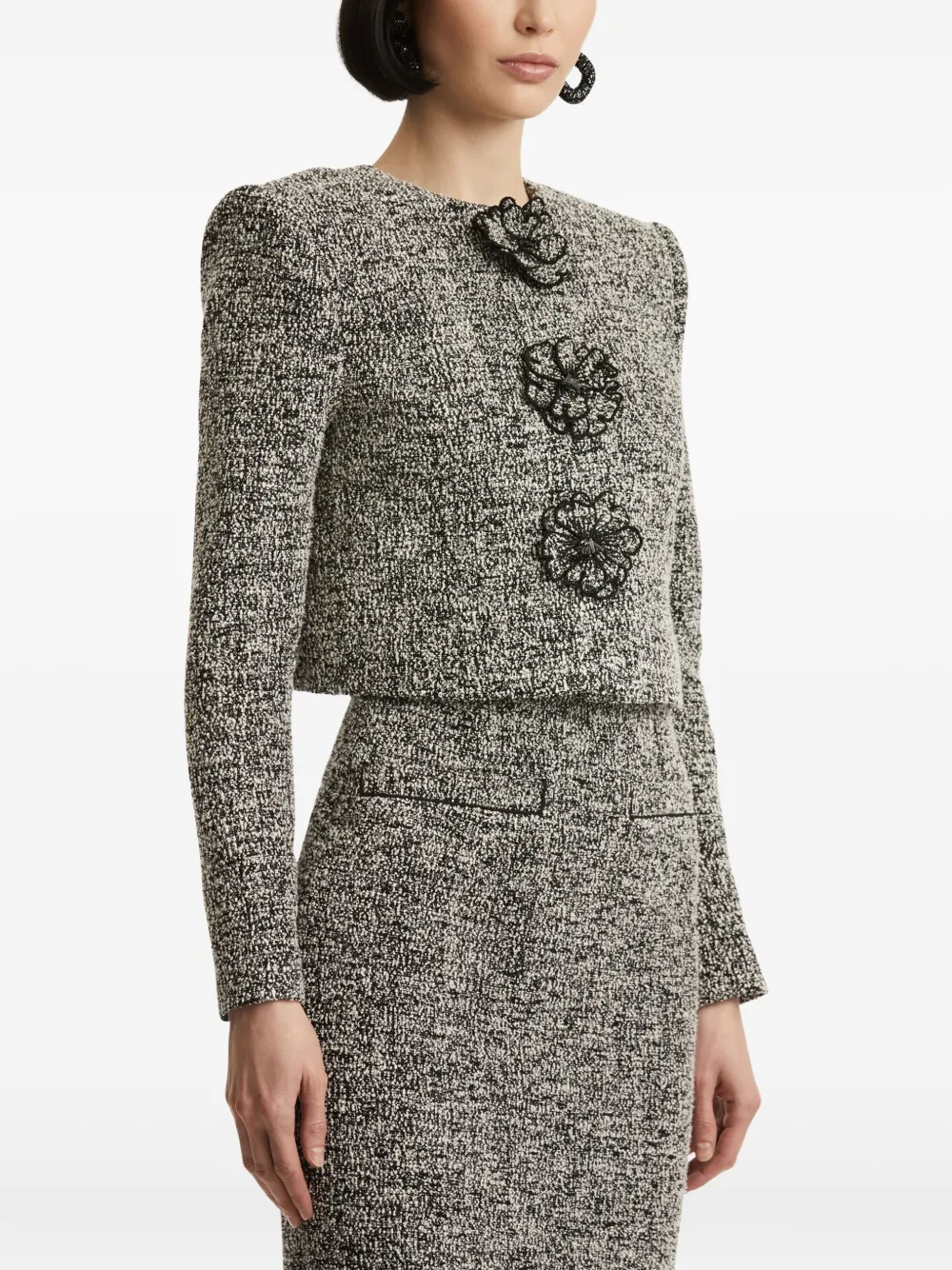 Oscar de la Renta Tweed jack verfraaid met bloemen Zwart