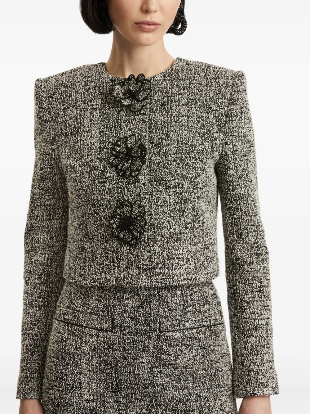Oscar de la Renta Tweed jack verfraaid met bloemen Zwart