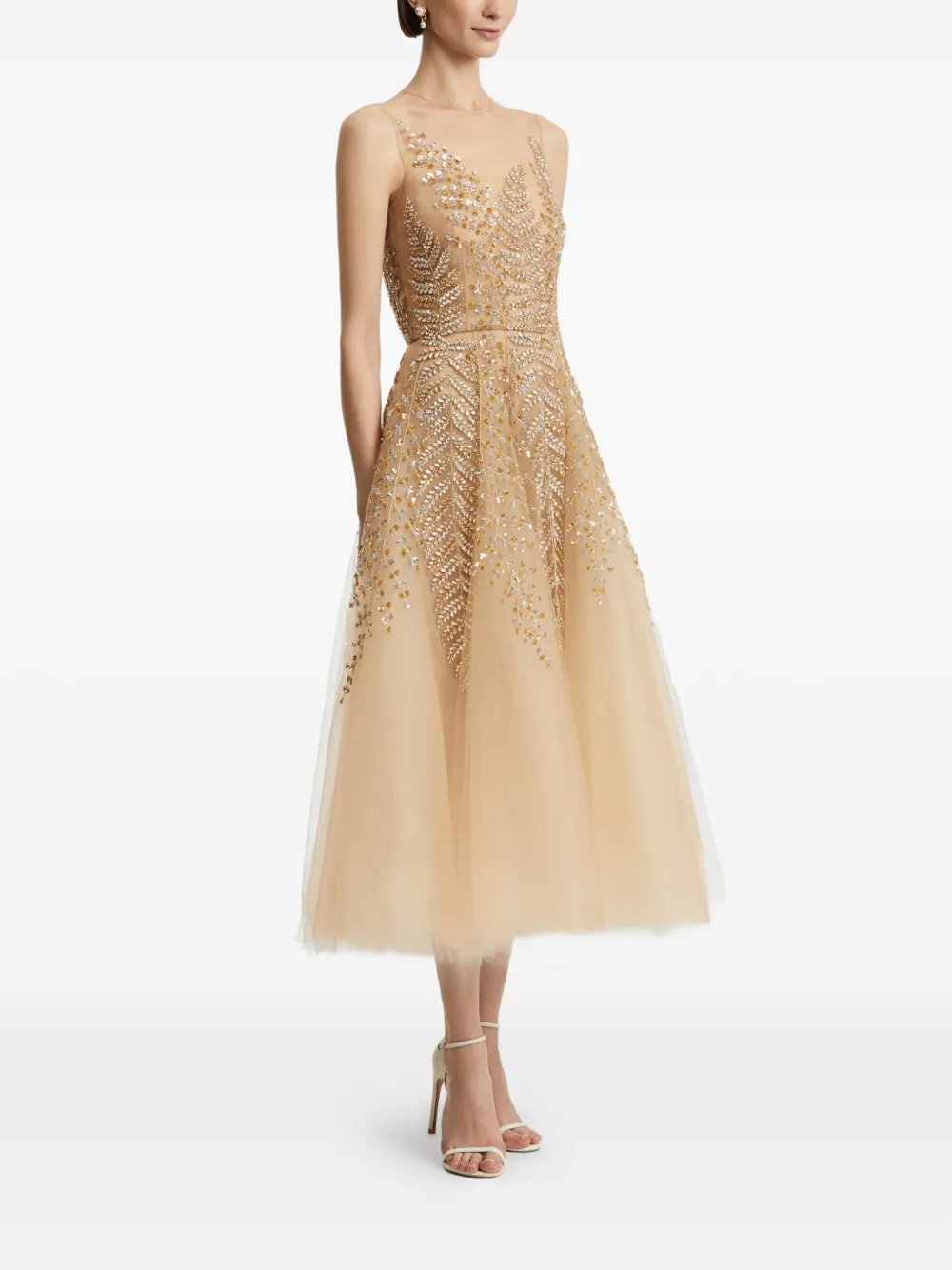 Oscar De La Renta Fern-embellished Tulle Midi Ress In Multi