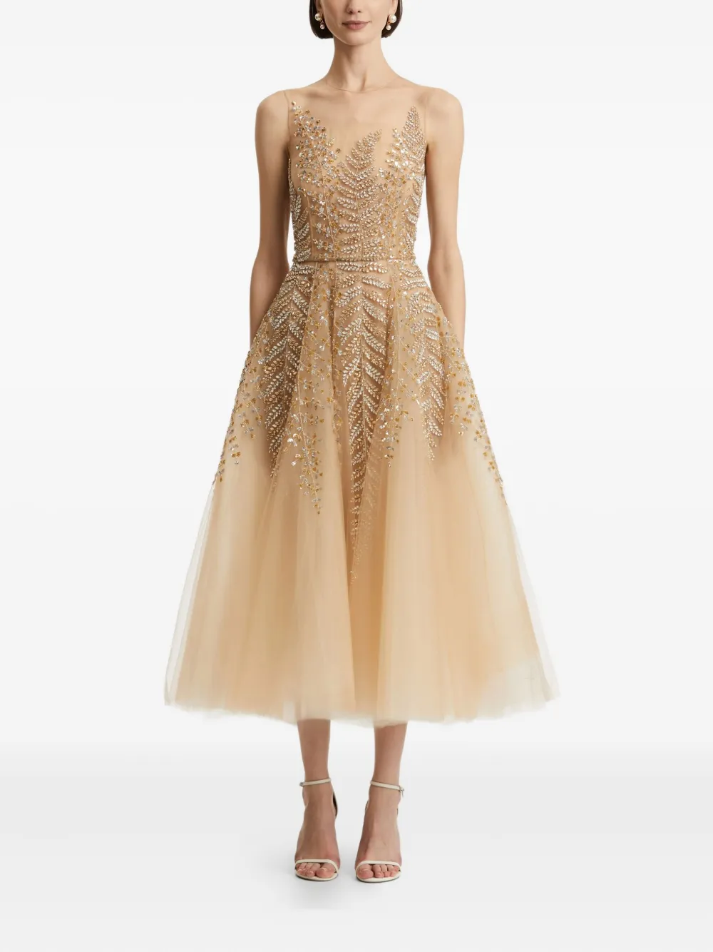 Oscar de la Renta Tulen midi-jurk verfraaid met varen - Beige