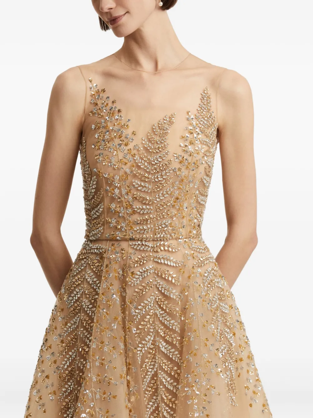 Oscar De La Renta Fern-embellished Tulle Midi Ress In Multi