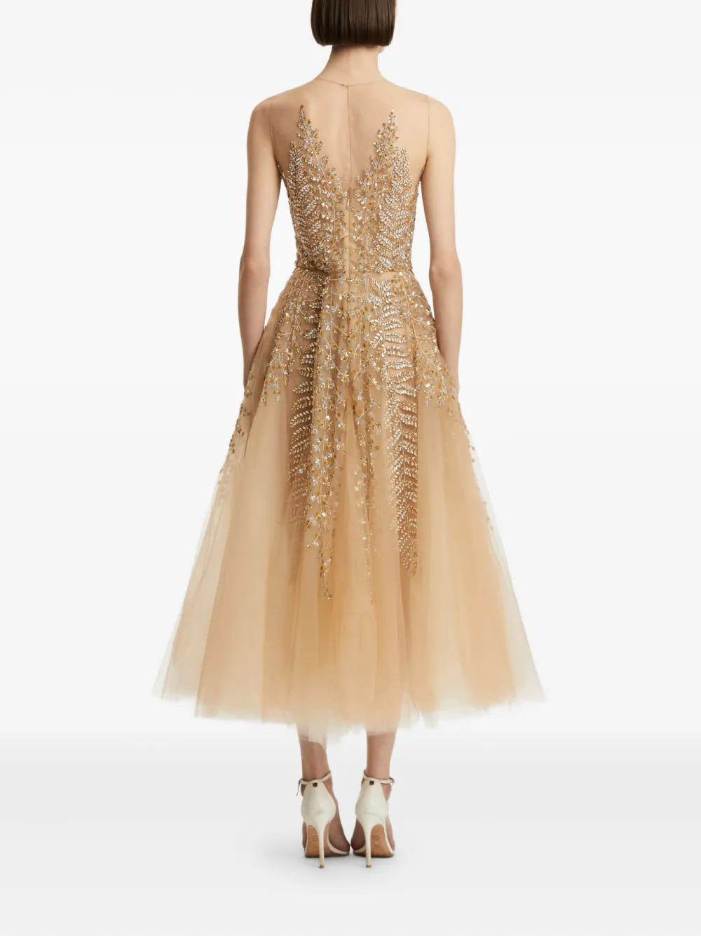 Oscar De La Renta Fern-embellished Tulle Midi Ress In Multi