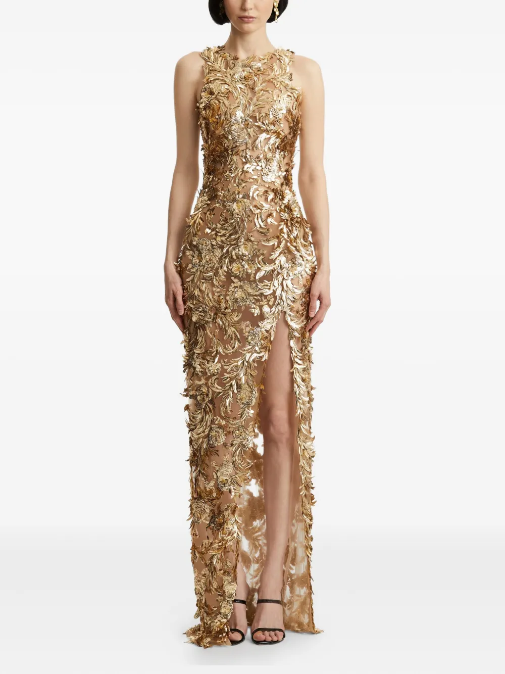 Oscar de la Renta Maxi-jurk verfraaid met veren - Goud