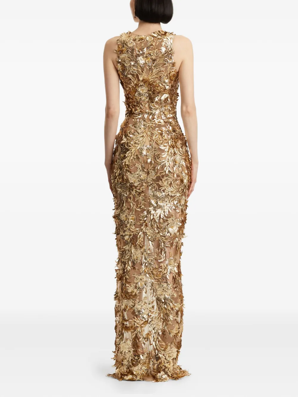 Oscar de la Renta Maxi-jurk verfraaid met veren Goud