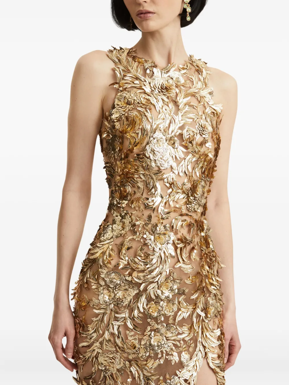 Oscar de la Renta Maxi-jurk verfraaid met veren Goud