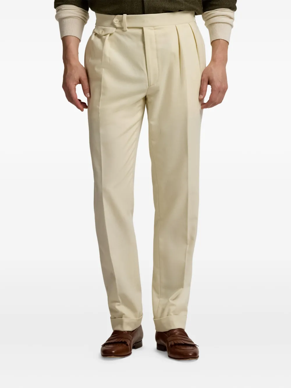 Ralph Lauren Purple Label Pleated Cream Wool Flannel Trousers In Black