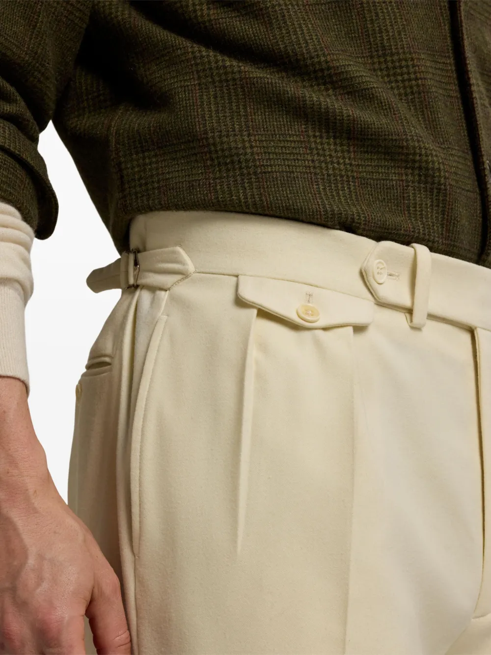 Ralph Lauren Purple Label Pleated Cream Wool Flannel Trousers In Black
