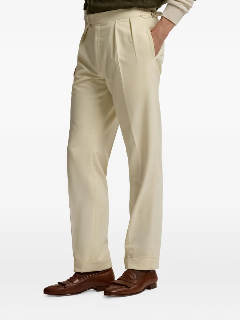 Ralph Lauren Purple Label Pleated Cream Wool Flannel Trousers In Black