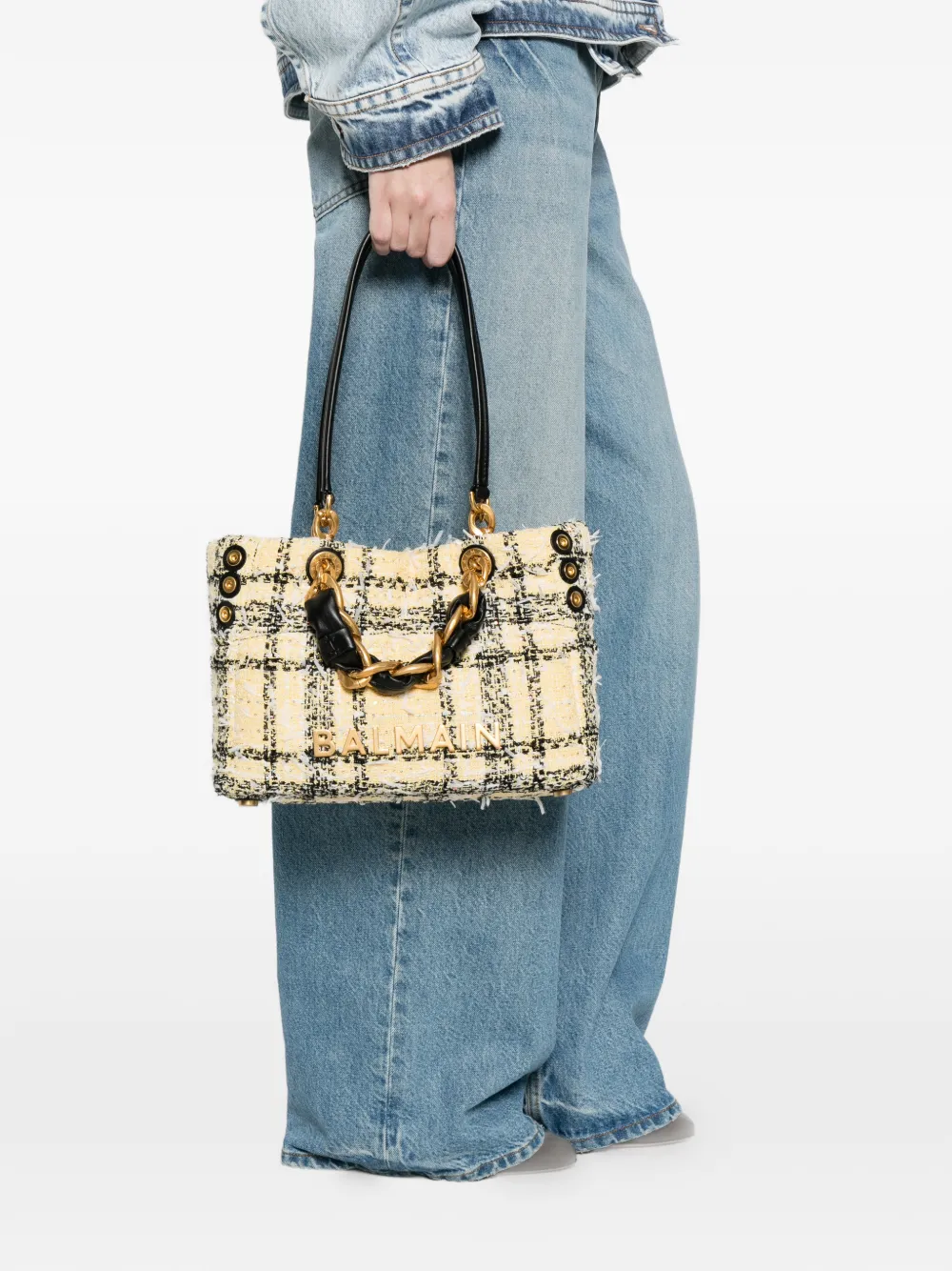  Balmain Tweed Chain Tote Bag - Yellow 