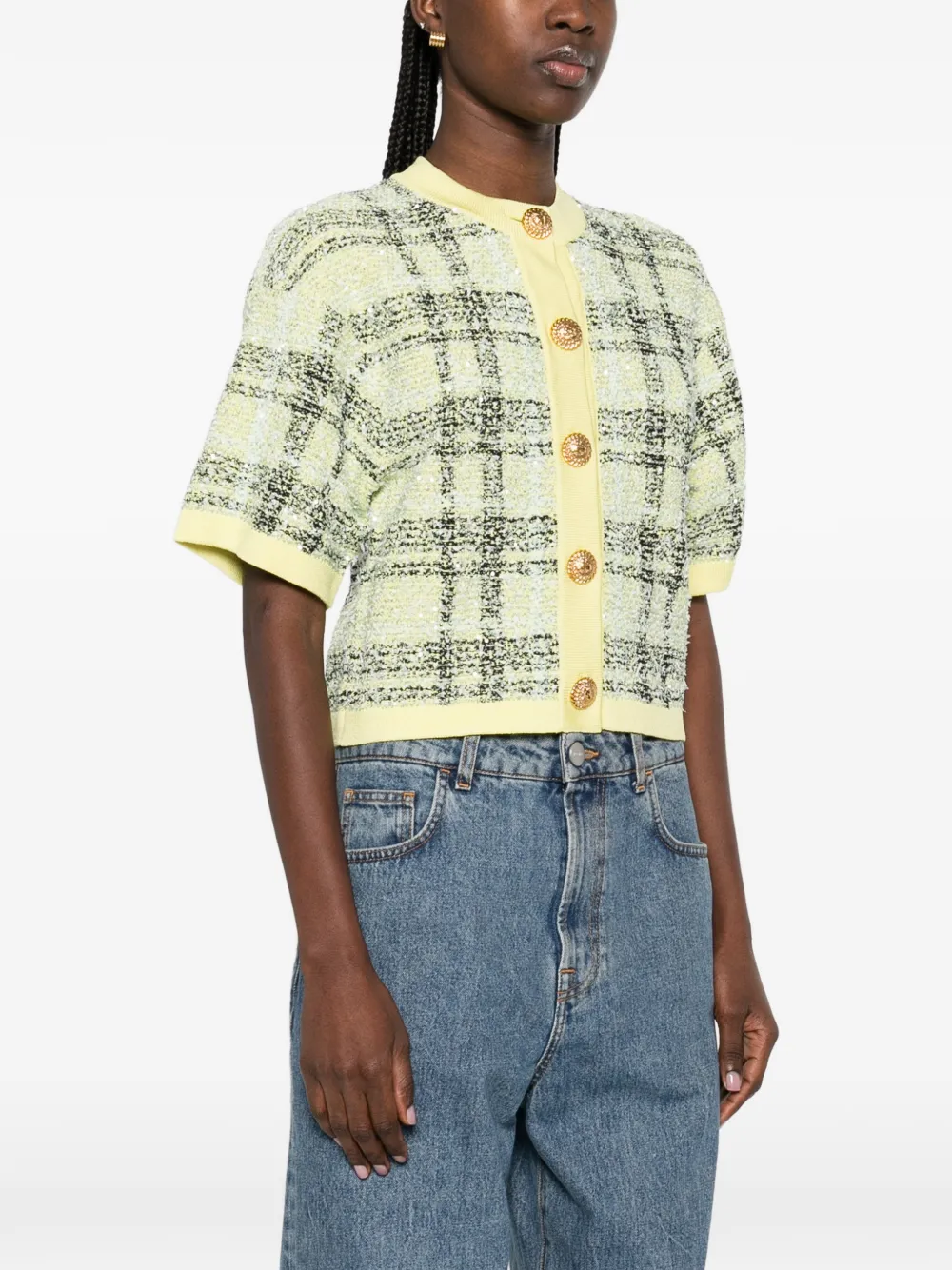  Balmain Buttoned Check Tweed Cardigan - Yellow 
