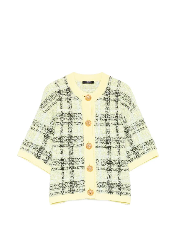 Balmain Buttoned Check Tweed Cardigan in Yellow