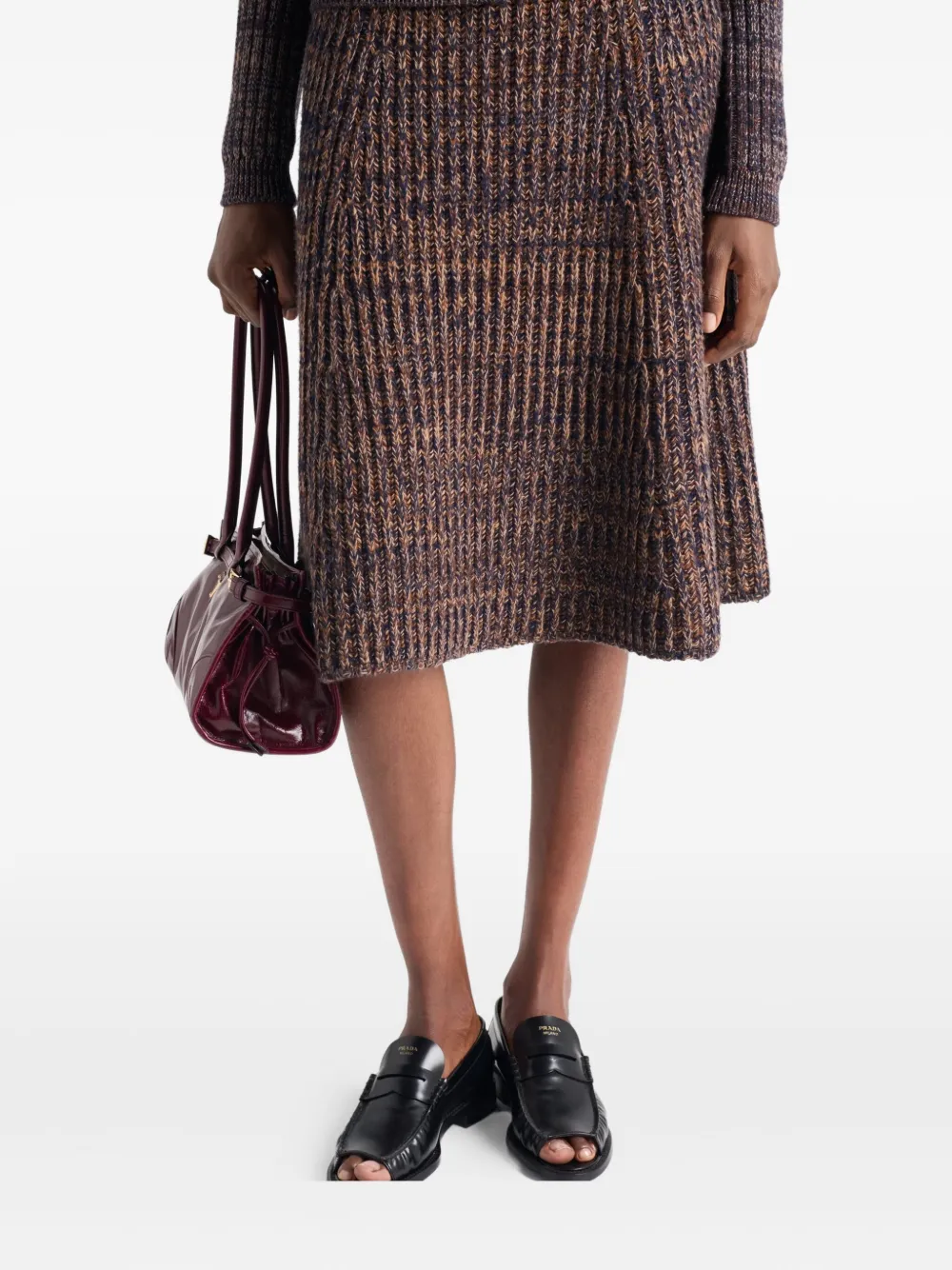 Prada Womens Blue Ribbed Flared Knitted Wool Midi Skirt In Multi
