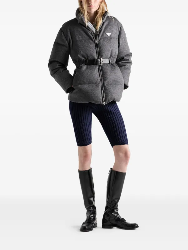 Prada Belted logo-plaque Down Jacket | Blue | FARFETCH
