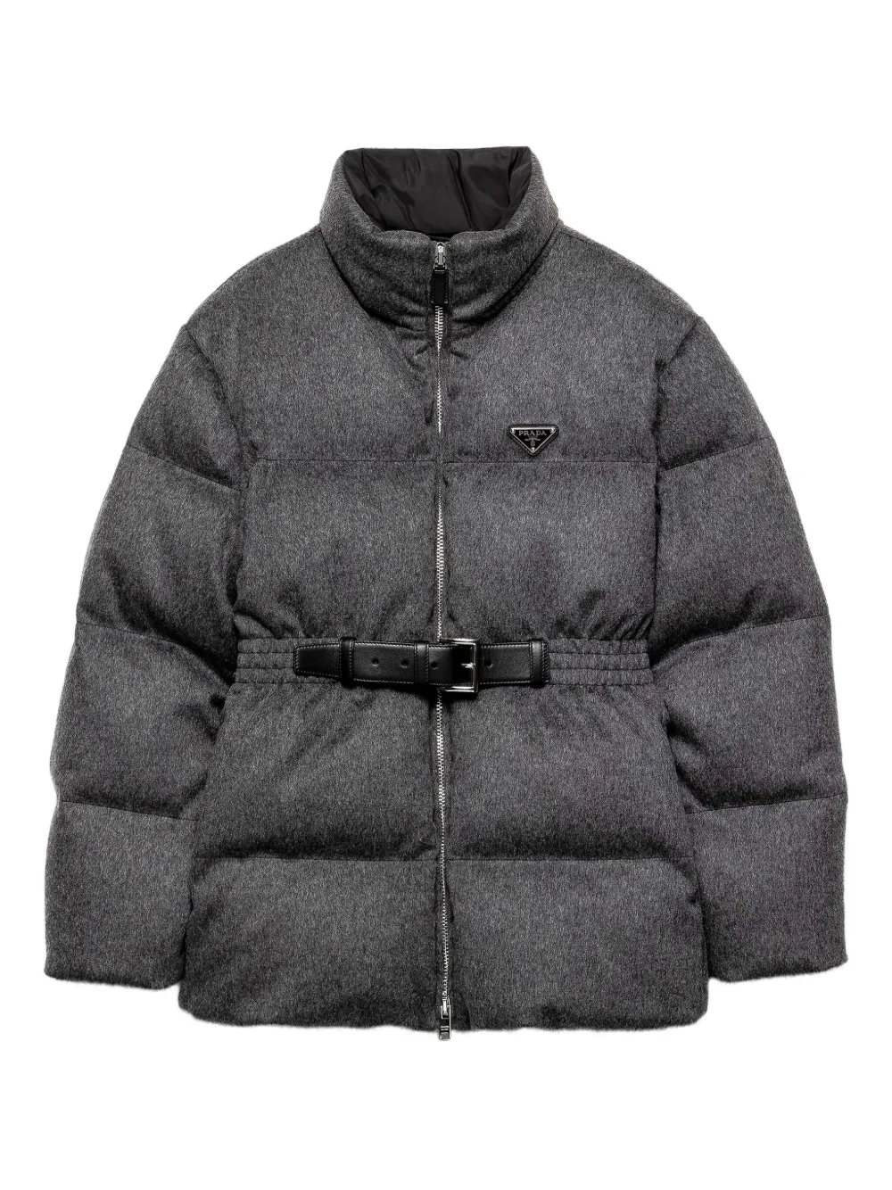 Prada Belted Logo-plaque Down Jacket In Blue