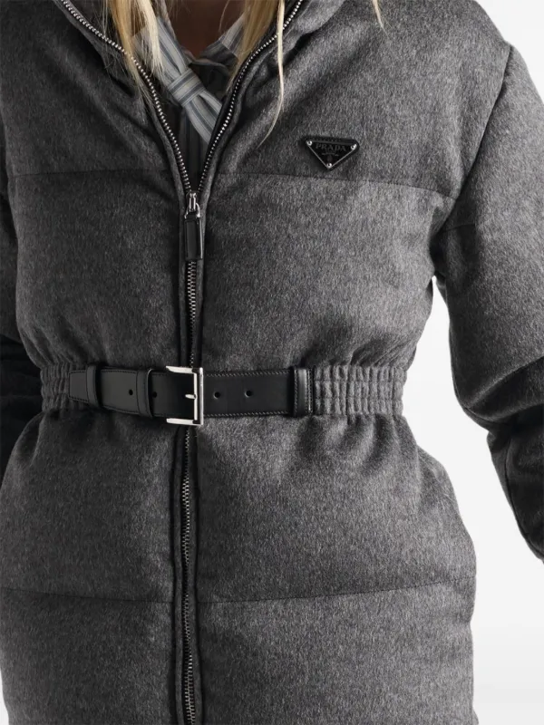 Prada Belted logo-plaque Down Jacket | Blue | FARFETCH