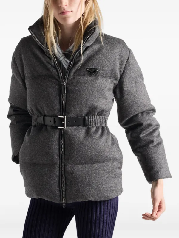 Prada Loden triangle-logo Belted Puffer Jacket | Grey | FARFETCH