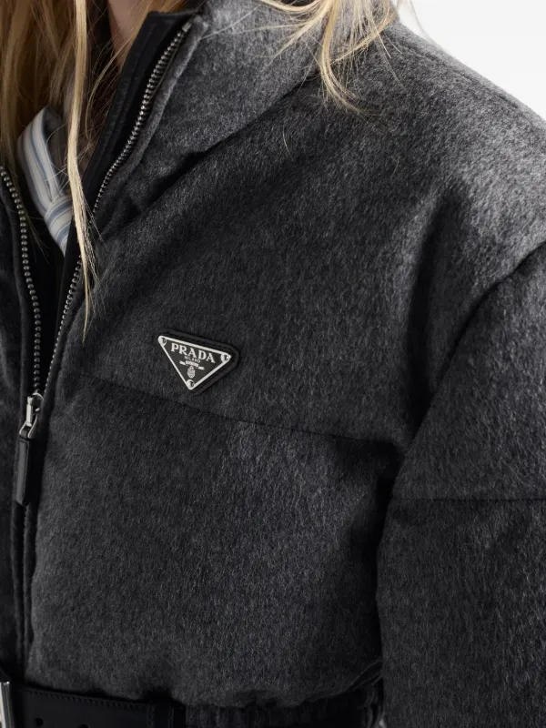 Prada Loden triangle-logo Belted Puffer Jacket | Grey | FARFETCH