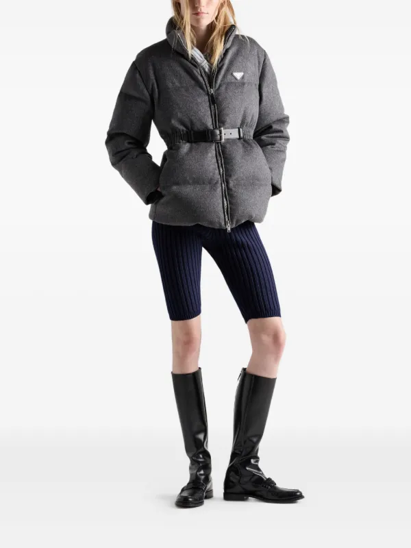 Prada Loden triangle-logo Belted Puffer Jacket | Grey | FARFETCH