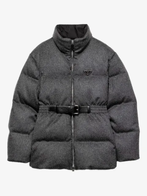 Prada Loden triangle-logo belted puffer jacket