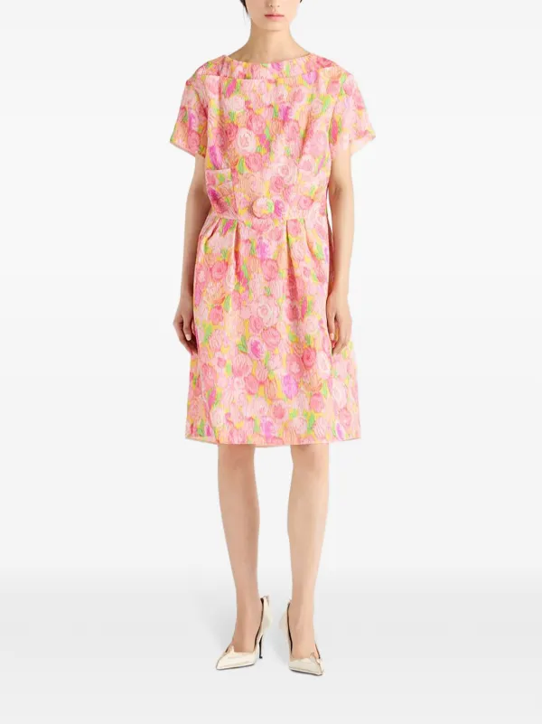 prada jacquard print mini dress Prada Jacquard Flower Pleated Belted Mini Dress
