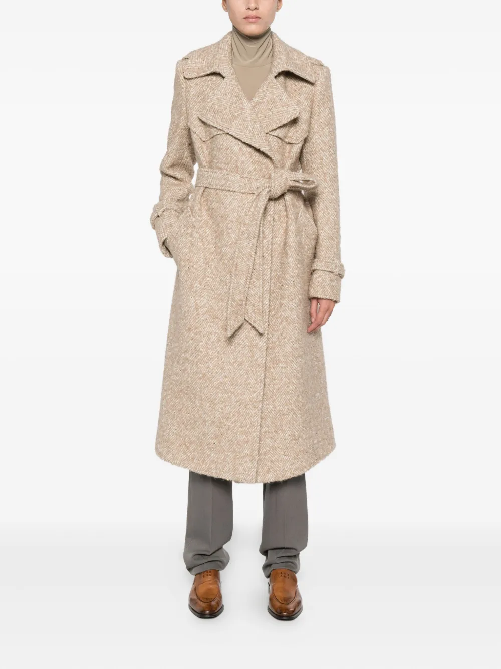 Tagliatore Jas met visgraatpatroon en ceintuur Beige