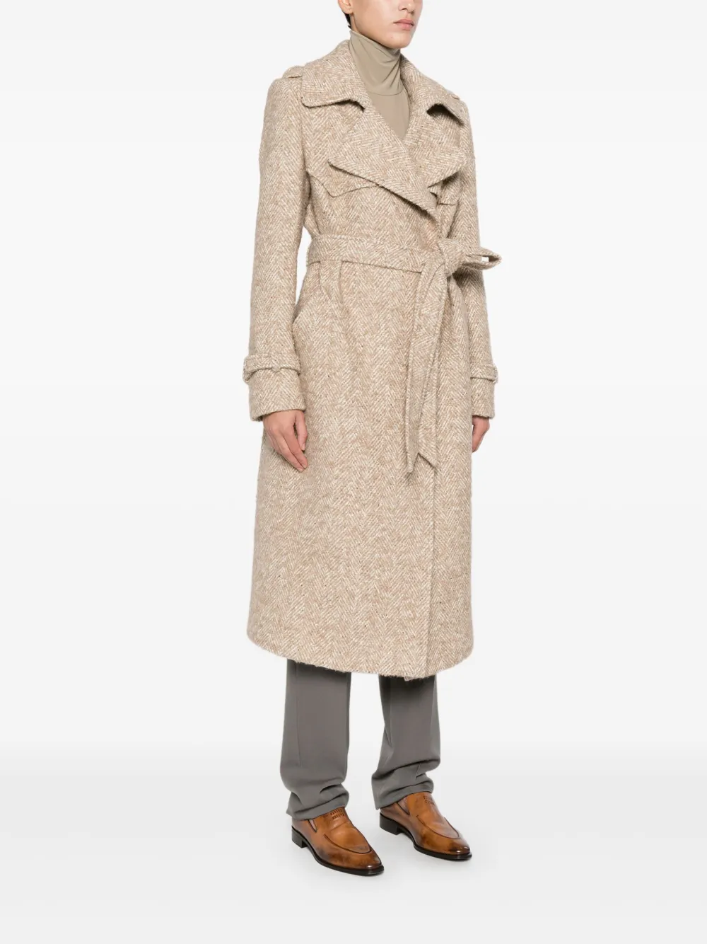 Tagliatore Jas met visgraatpatroon en ceintuur Beige