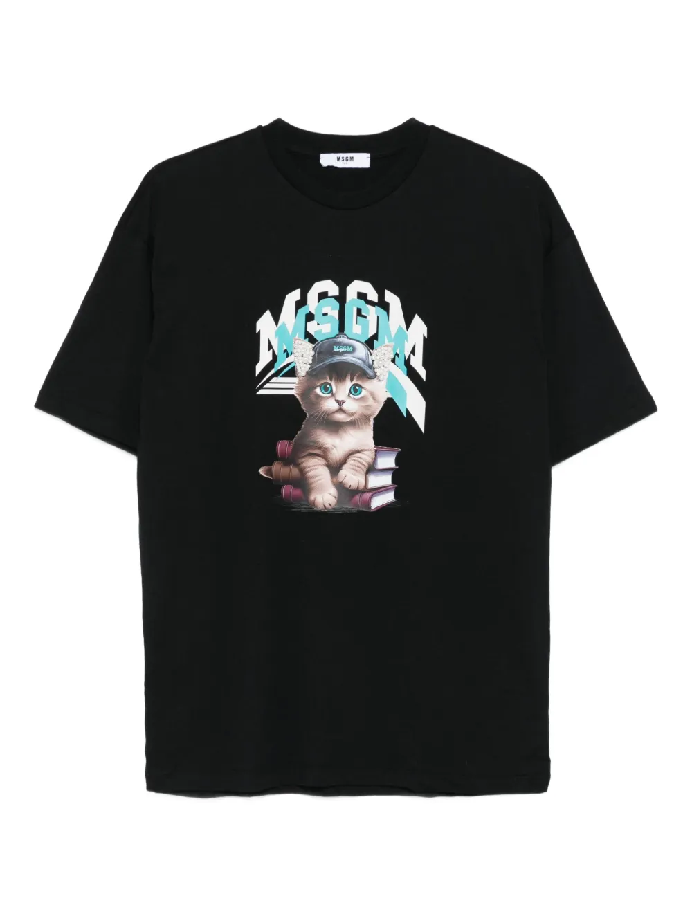Msgm Kids' Kitten-embellished Cotton T-shirt In Black