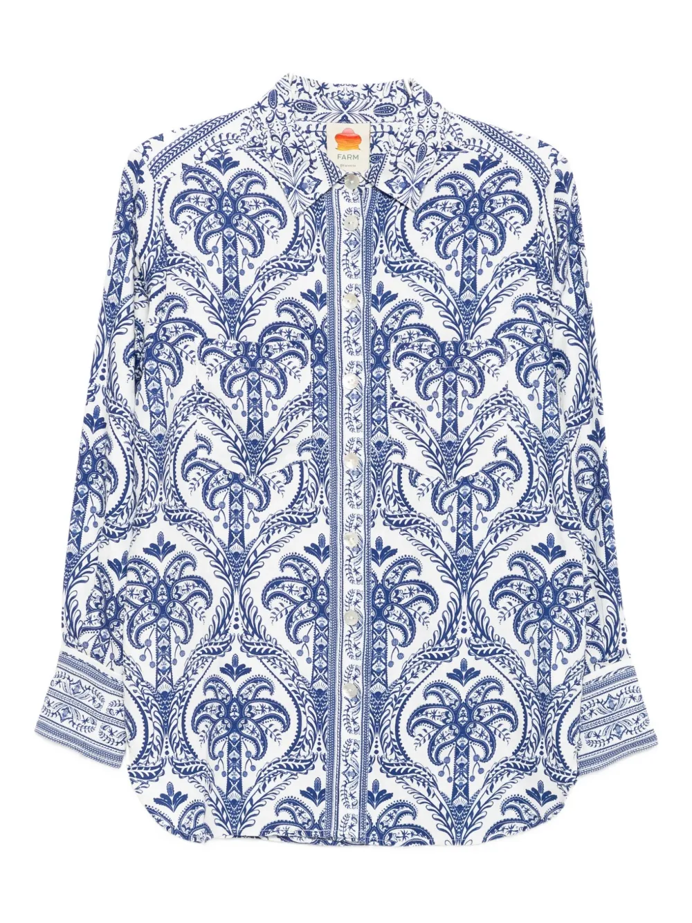 Farm Rio Blue Tropical Cameo Off-white Pajama Shirt Blue Tropical Cameo Off-white In Blue