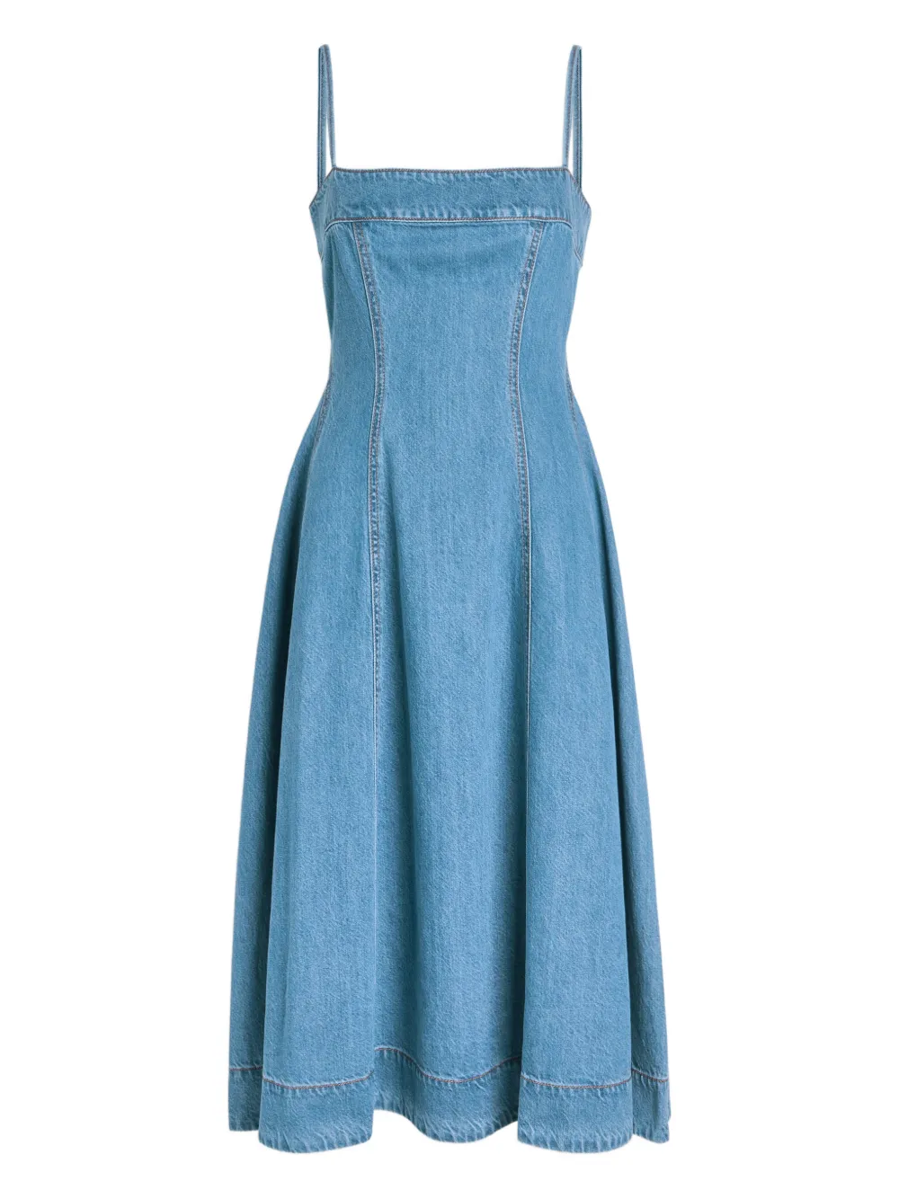 PAIGE square-neck flared midi denim dress - Blauw
