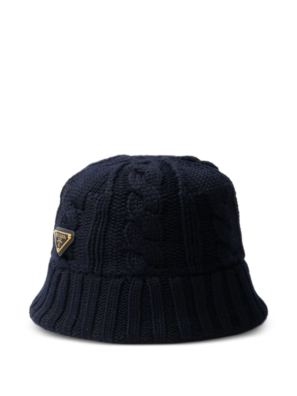 Prada Cable-knit Enamel-triangle Logo Bucket Hat In Blue