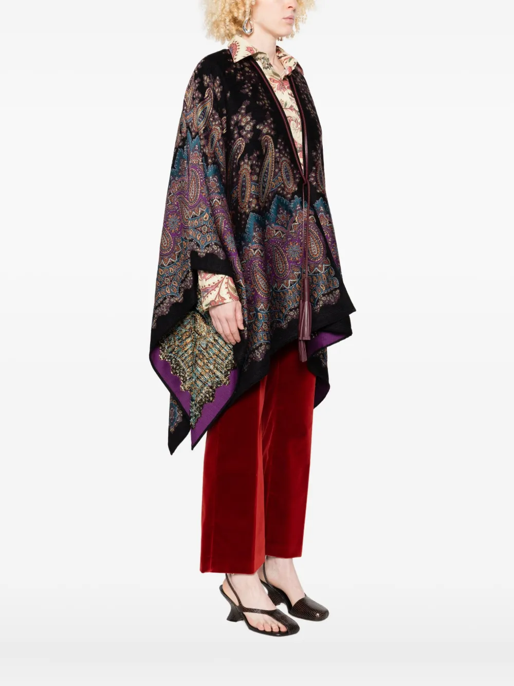 ETRO Poncho met paisley-print en kwastjes Zwart