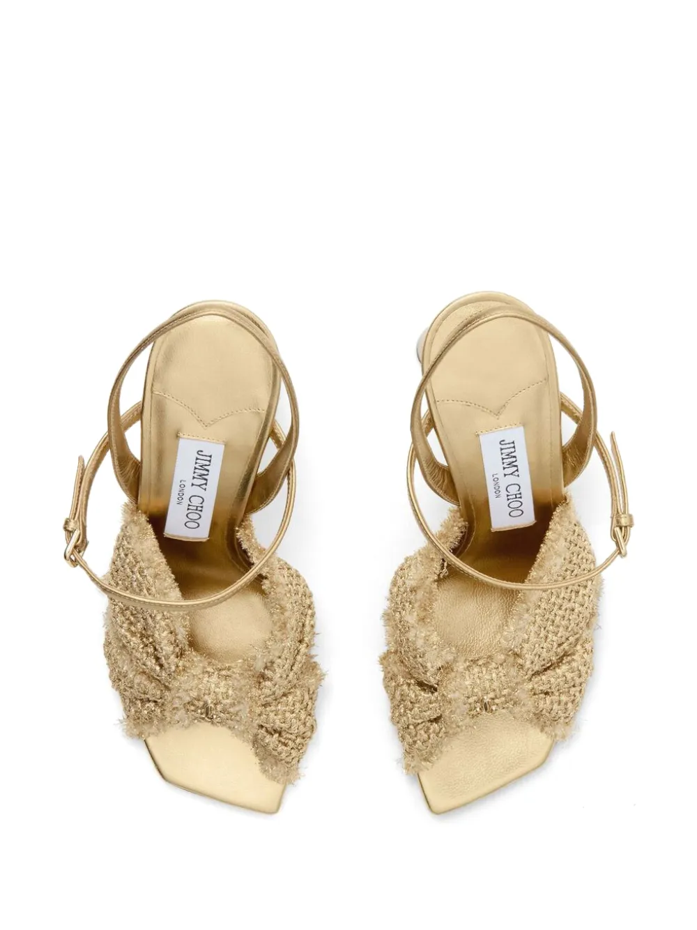 Jimmy Choo 95 mm Annika sandalen met metallic raffia strik Goud