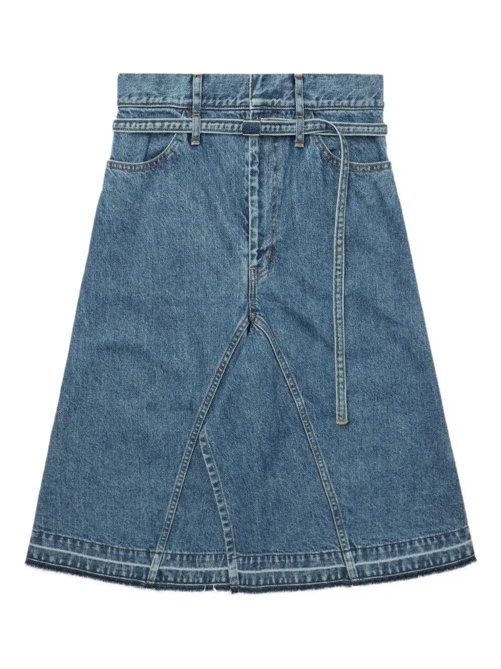 Toga Belted Frayed Denim Midi Skirt In Blue