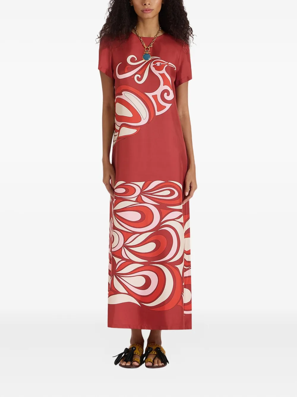 La DoubleJ Swing bird-print silk maxi dress Rood