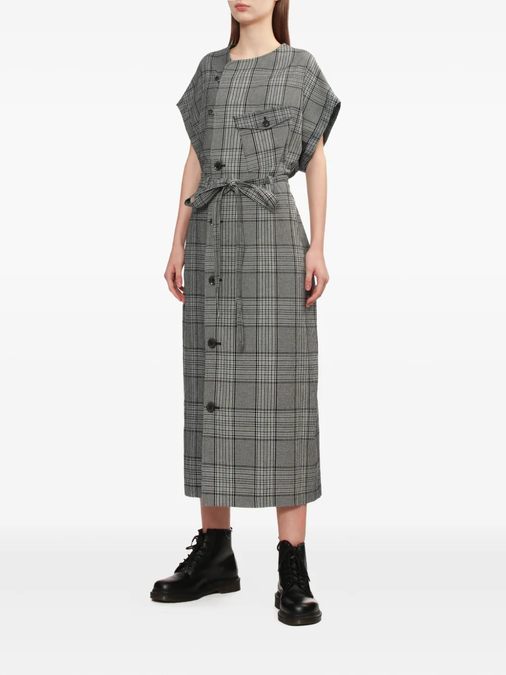 Y's Check Belted Midi Dress In Gray