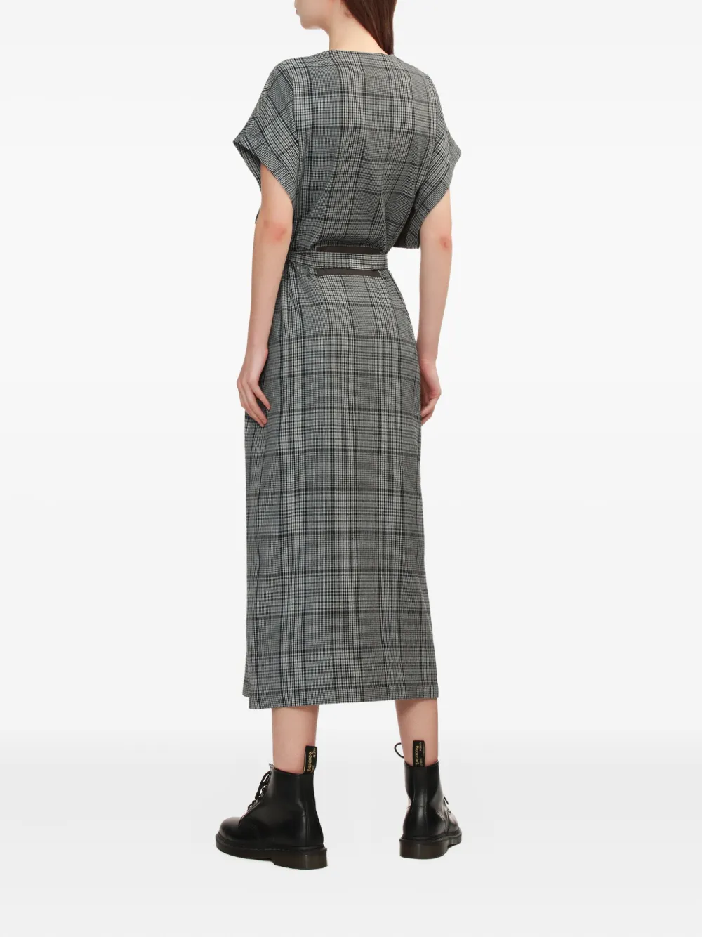 Y's Check Belted Midi Dress In Gray