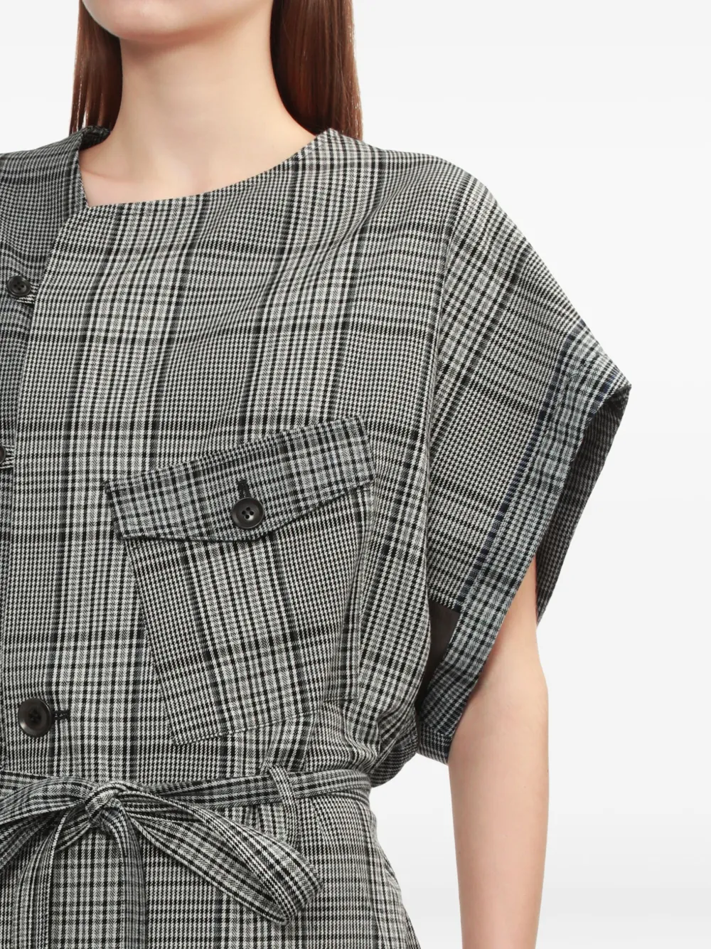 Y's Check Belted Midi Dress In Gray