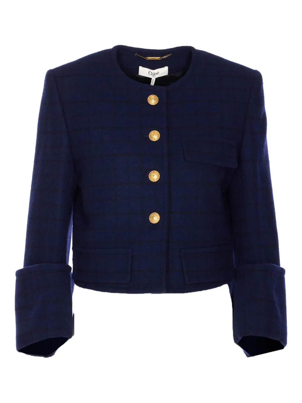 Chloé Boxy Collarless Jacket In Wool Check