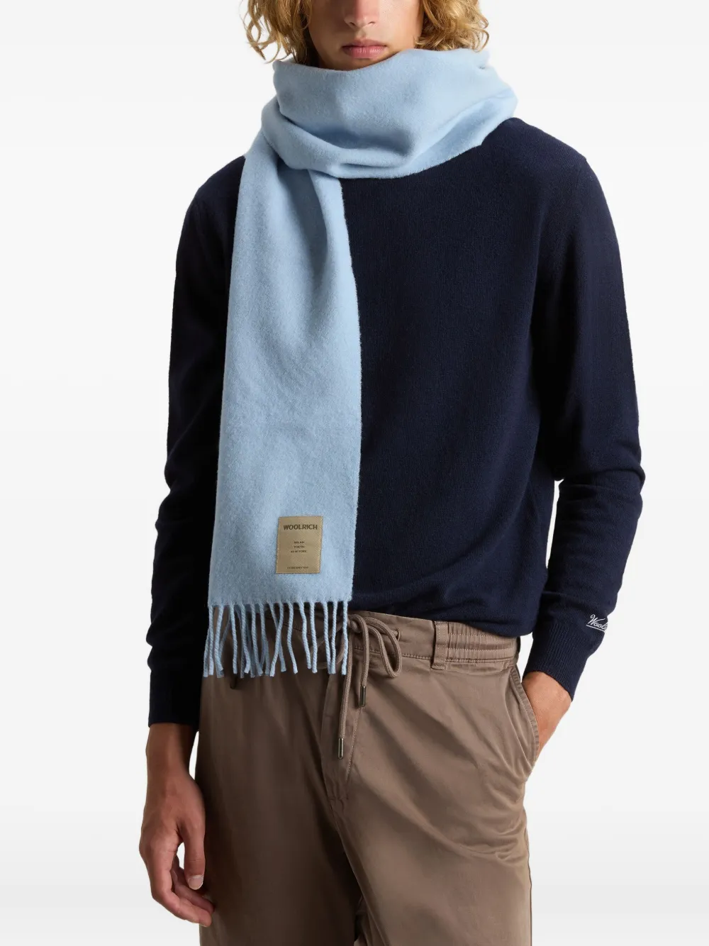 Woolrich Fringed Wool Scarf In Blue