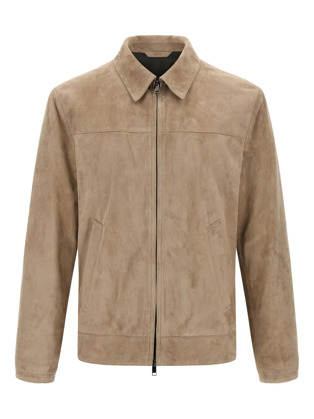 Brioni shirt-collar suede leather jacket Beige
