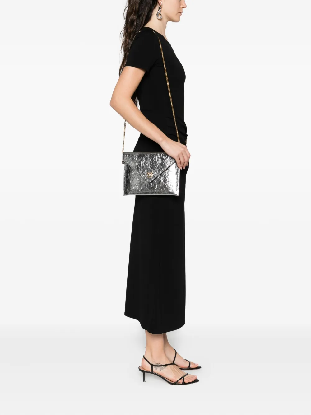 Pinko Small Metallic-leather Flap Clutch In Gray