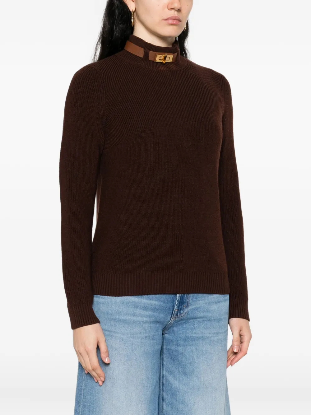 Elisabetta Franchi Trui met hoge hals en leren afwerking Bruin